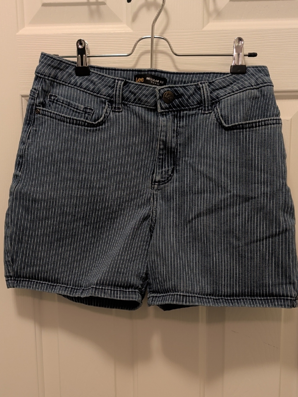 Lee Women's Blue Pinstripe Denim Shorts with White Stripes